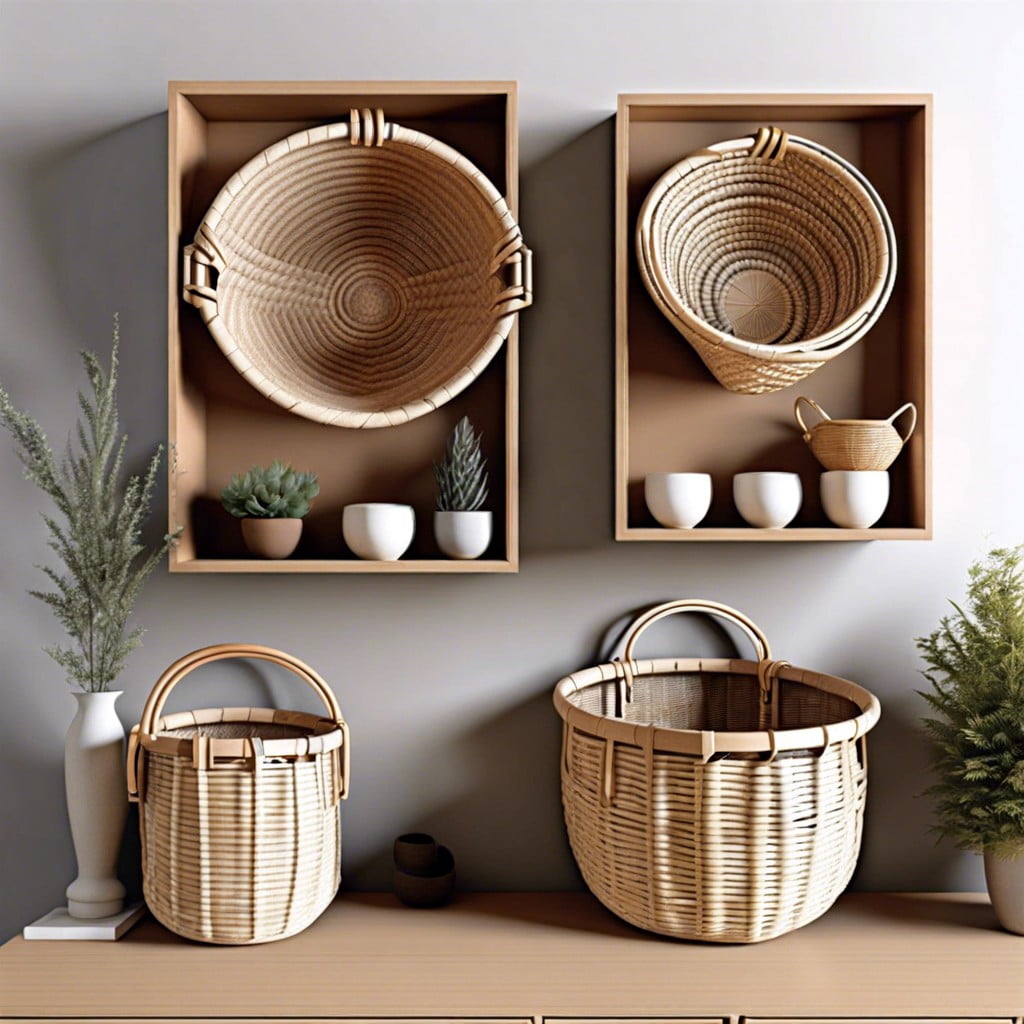 wall mounted baskets use different sized baskets mounted on walls for flexible aesthetic storage